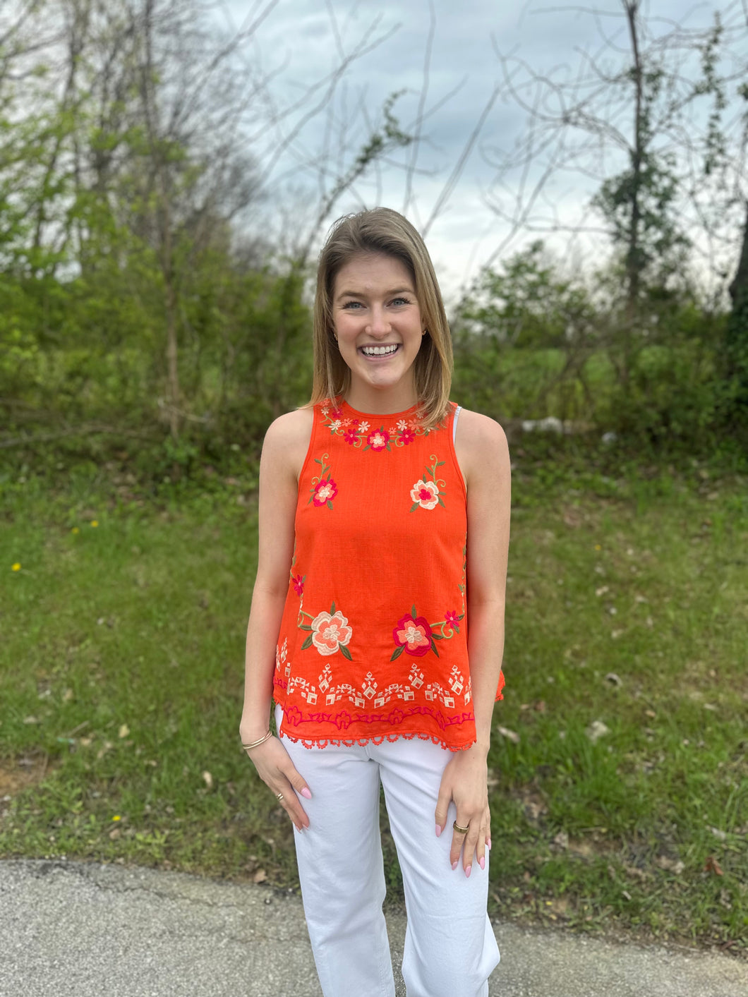 Orange Sleeveless Embroidered Lace Hem Top