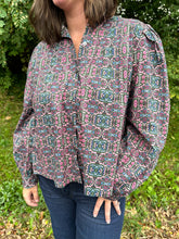 Load image into Gallery viewer, Geometric Floral Ruffled Mock Neck Blouse
