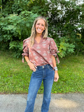 Load image into Gallery viewer, Brown Floral Print Split Ruffle Neck Top
