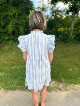 Load image into Gallery viewer, White and Blue Flutter Sleeve Button Up Dress
