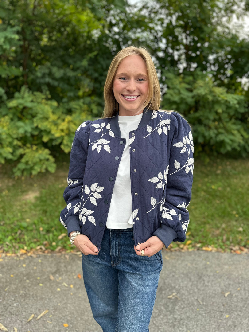 Navy Leaf Embroidered Quilted Jacket