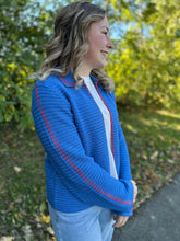 Load image into Gallery viewer, Blue Ribbed Knit Cardigan with Red Trim
