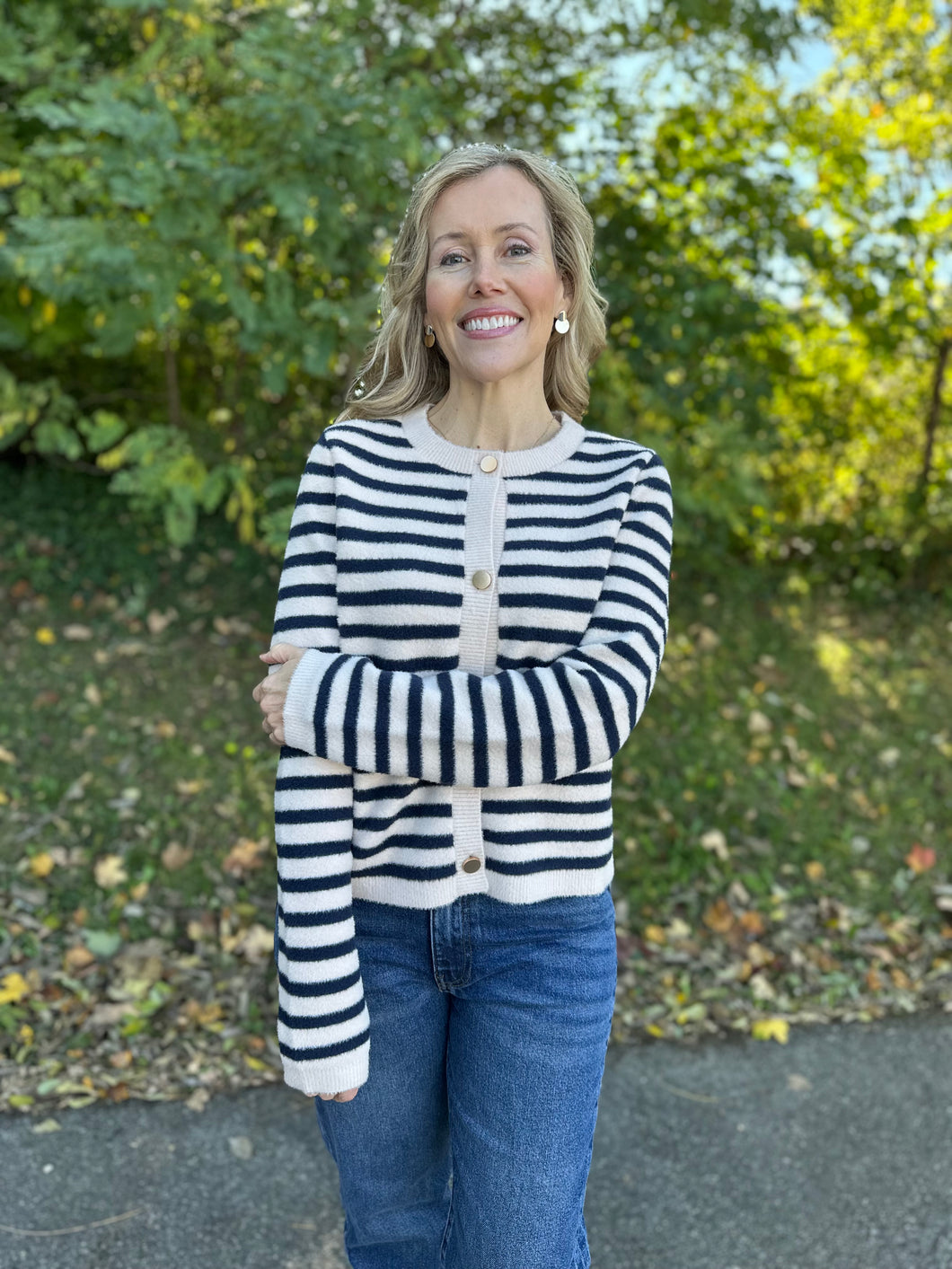 Navy Striped Knit Cardigan