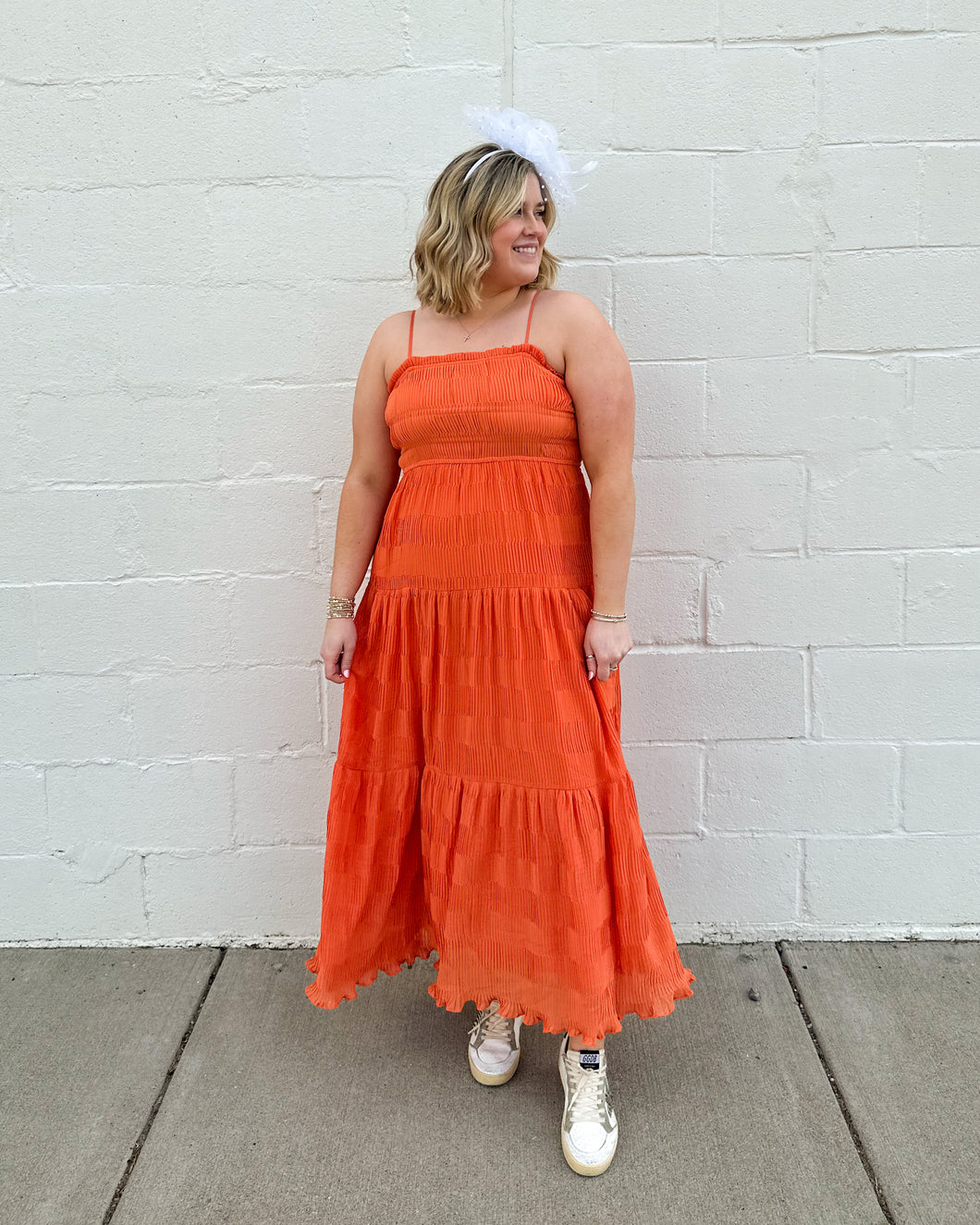 Solid Tiered Pleated Midi Dress