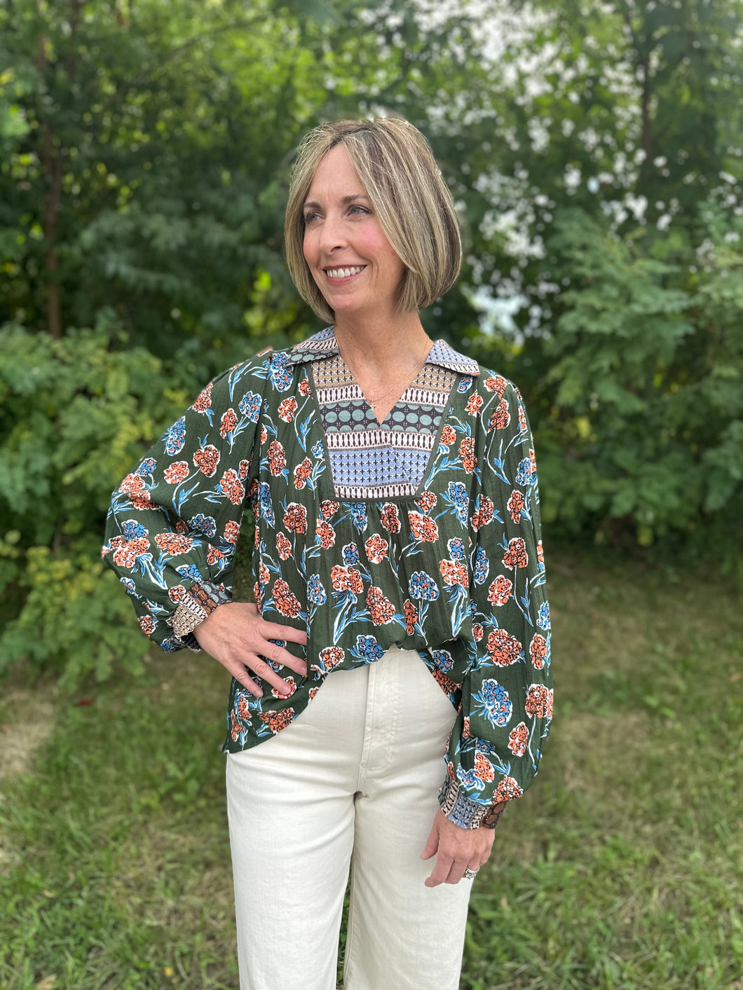 Palm Green Floral Print Collar Blouse