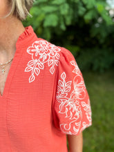 Load image into Gallery viewer, Coral Puff Sleeve Embroidered Top
