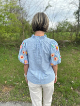 Load image into Gallery viewer, Blue Hand Embroidered Puff Sleeve Stripe Top
