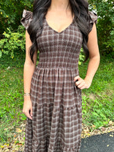 Load image into Gallery viewer, Plaid V Neck Smocked Tiered Midi Dress
