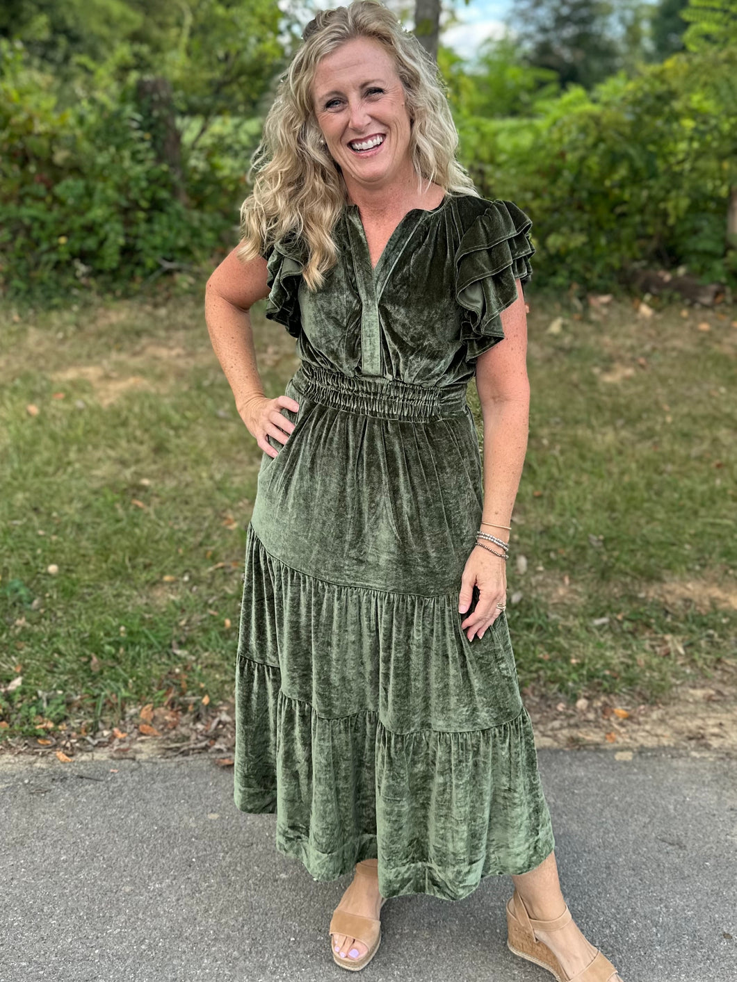 Sage Velvet Tiered Midi Dress