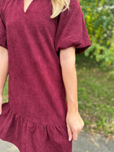 Load image into Gallery viewer, Burgundy Puff Sleeve Corduroy Dress
