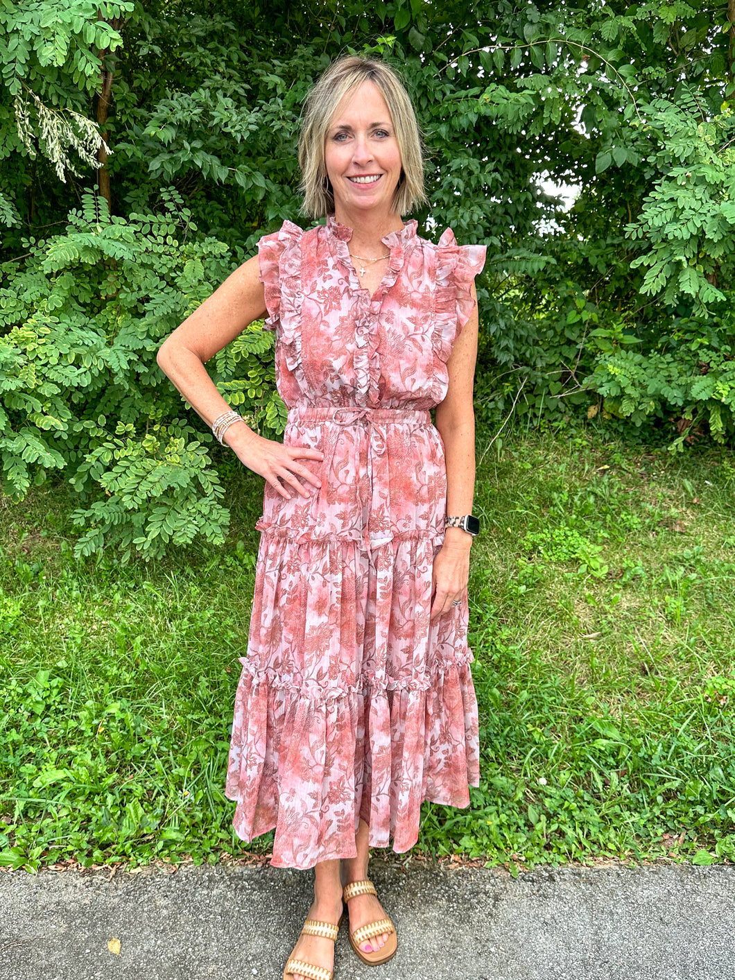 Rust Floral Print Tiered Mid Dress