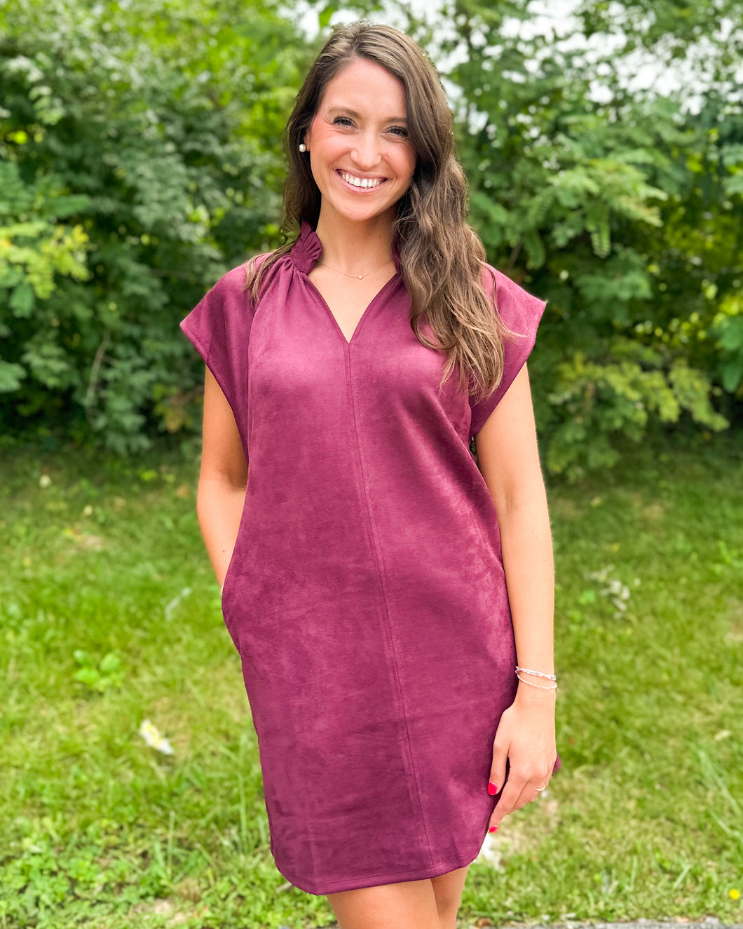 Plum Short Sleeve Suede Dress