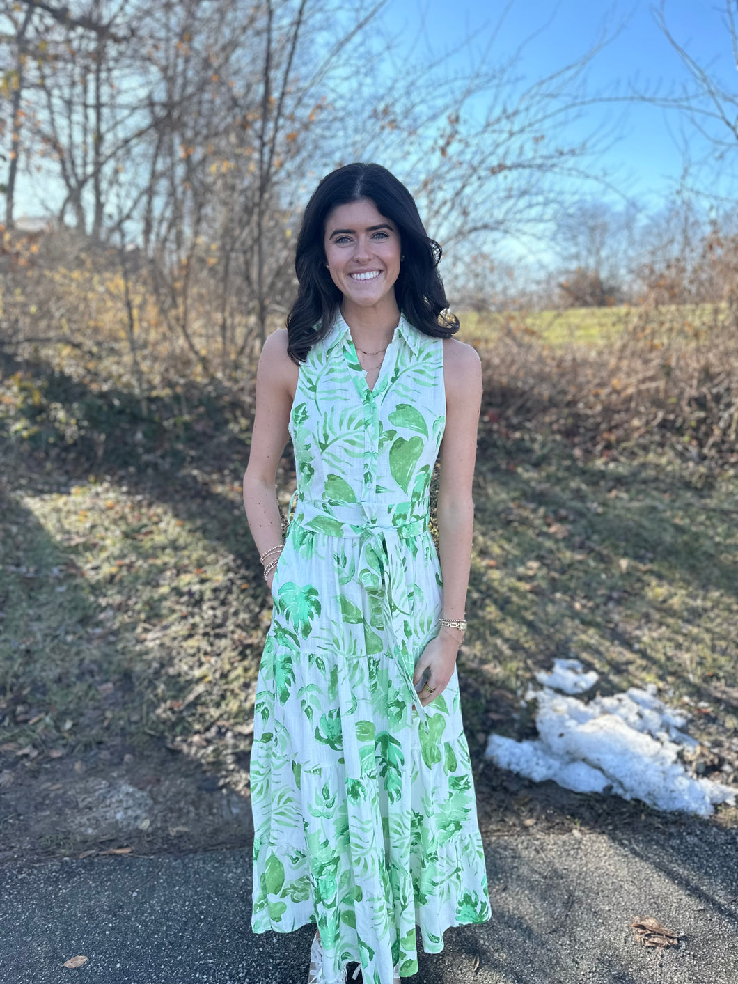 Palm Leaves Collared Button Up Midi Dress