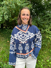 Load image into Gallery viewer, Navy V Neck Floral Patterned Knitted Sweater
