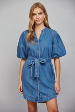 Load image into Gallery viewer, Denim V Neck Short Puff Sleeve Button Up Dress
