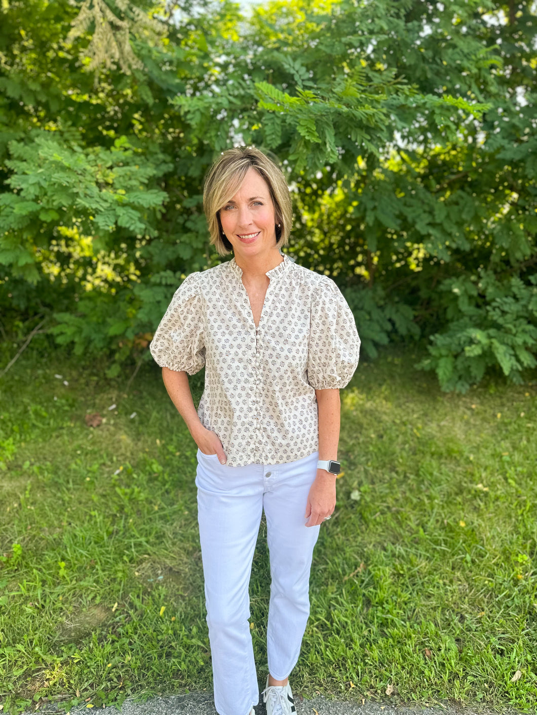 Cream Floral Puff Sleeve Blouse Top