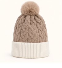 Load image into Gallery viewer, Two Tone Braided Cable Knit Pom Pom Beanie

