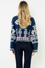 Load image into Gallery viewer, Navy V Neck Floral Patterned Knitted Sweater
