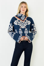 Load image into Gallery viewer, Navy V Neck Floral Patterned Knitted Sweater
