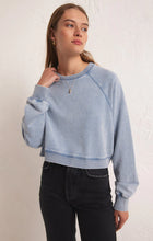 Load image into Gallery viewer, Crop Out Knit Denim Sweatshirt - Washed Indigo
