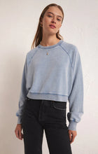 Load image into Gallery viewer, Crop Out Knit Denim Sweatshirt - Washed Indigo
