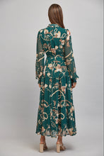 Load image into Gallery viewer, Floral &amp; Chain Print Chiffon Waist Tie Button Down Dress
