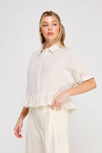 Load image into Gallery viewer, Natural Stripe Button Down Ruffle Top
