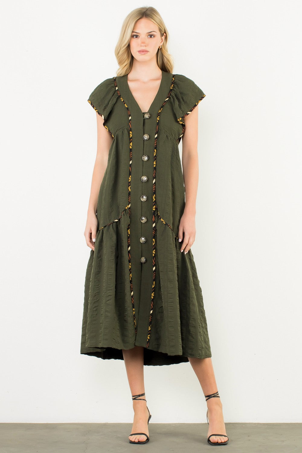 Flutter Sleeve Button Up Maxi Dress