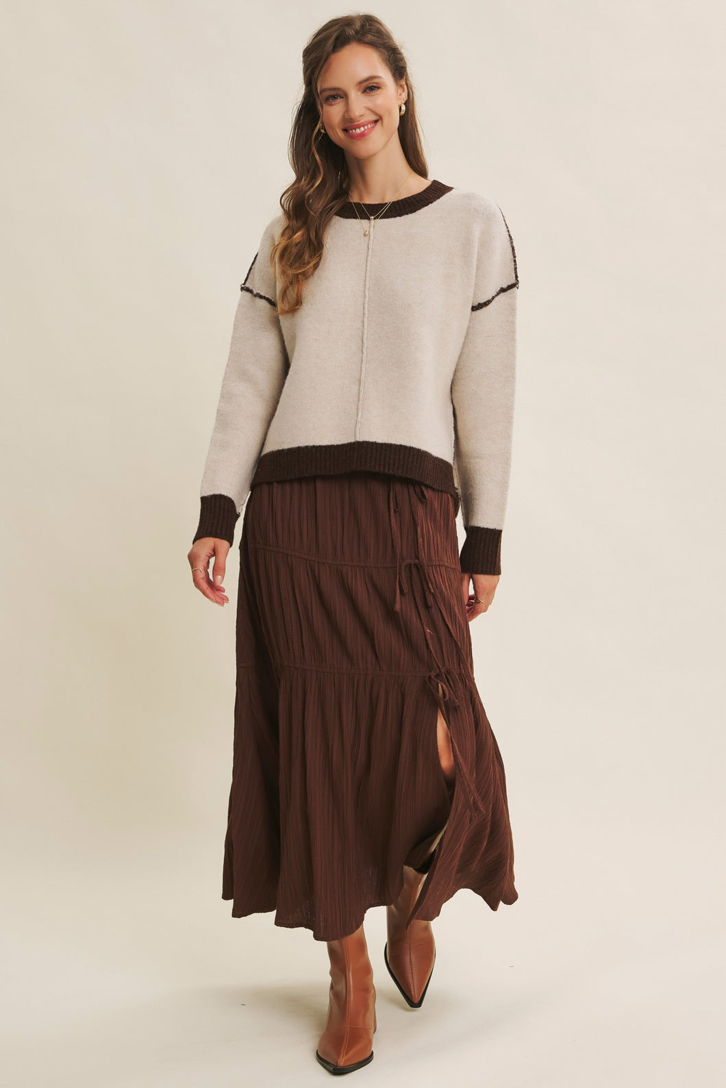 Soft Sweater Knit with Round Neck and Contrast Trim