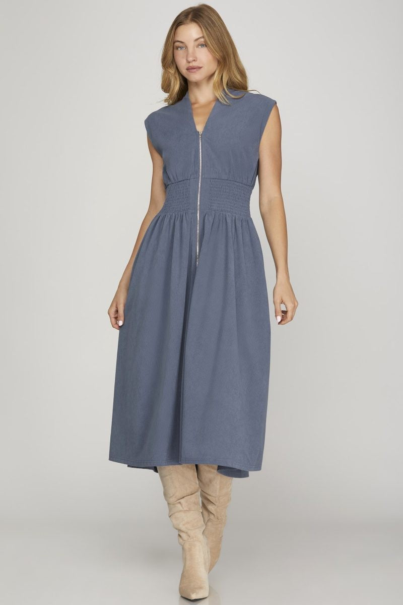 Dusty Blue Drop Shoulder Corduroy Midi Dress