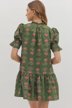 Load image into Gallery viewer, Olive Floral Print Short Puff Sleeve Dress
