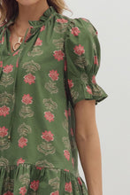 Load image into Gallery viewer, Olive Floral Print Short Puff Sleeve Dress
