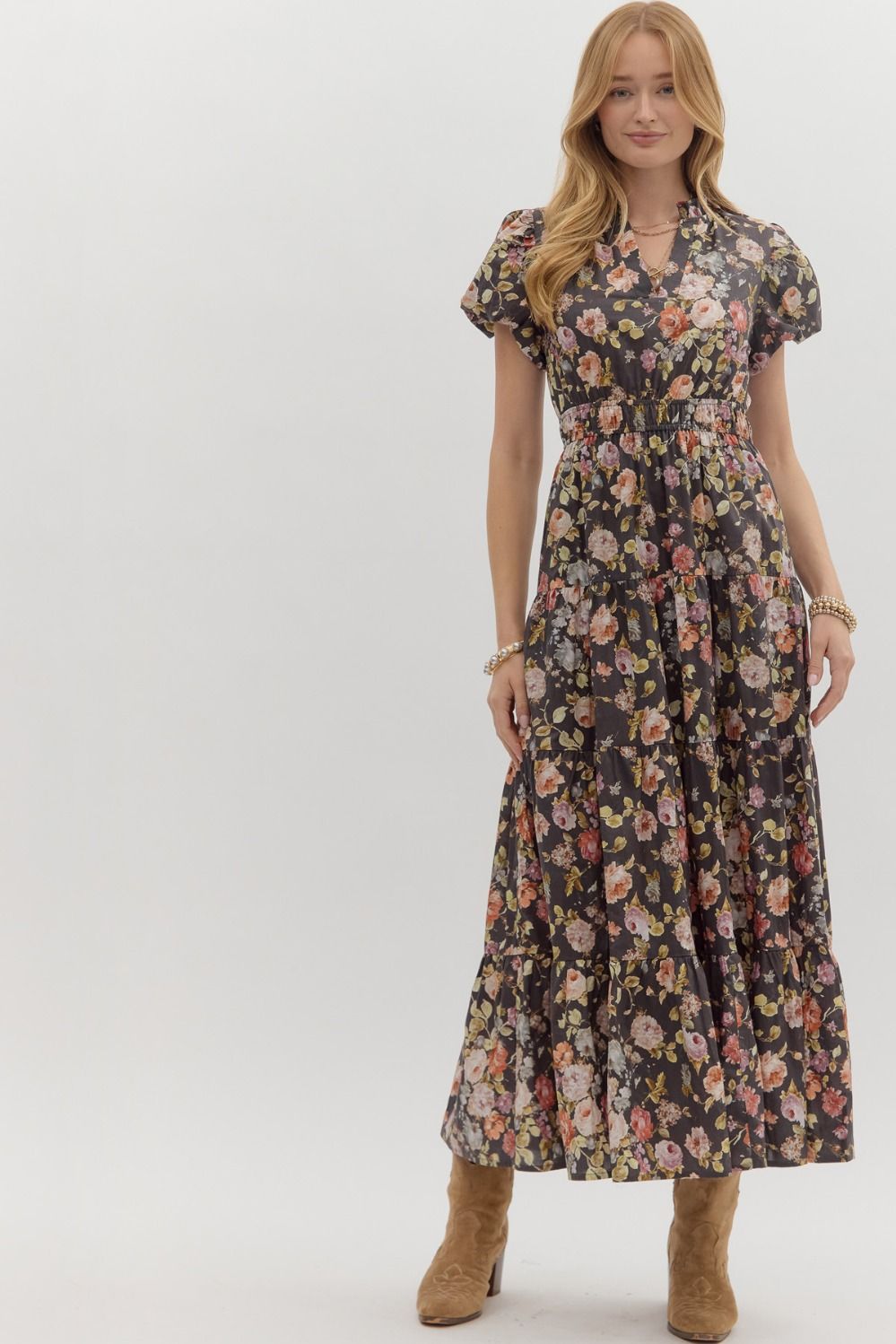 Chocolate Floral Bubble Sleeve Midi Dress