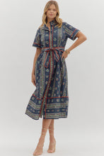 Load image into Gallery viewer, Navy Linear Floral Pattern Short Sleeve Ruffle Neck Dress
