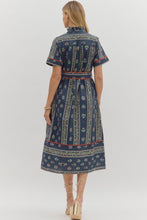 Load image into Gallery viewer, Navy Linear Floral Pattern Short Sleeve Ruffle Neck Dress
