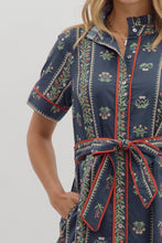 Load image into Gallery viewer, Navy Linear Floral Pattern Short Sleeve Ruffle Neck Dress

