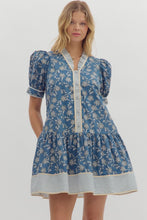 Load image into Gallery viewer, Teal Blue Floral Structured Shoulder Mini Dress
