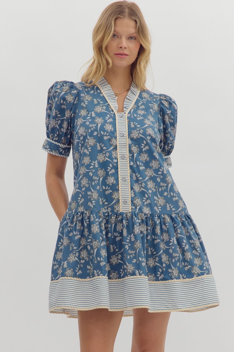 Teal Blue Floral Structured Shoulder Mini Dress