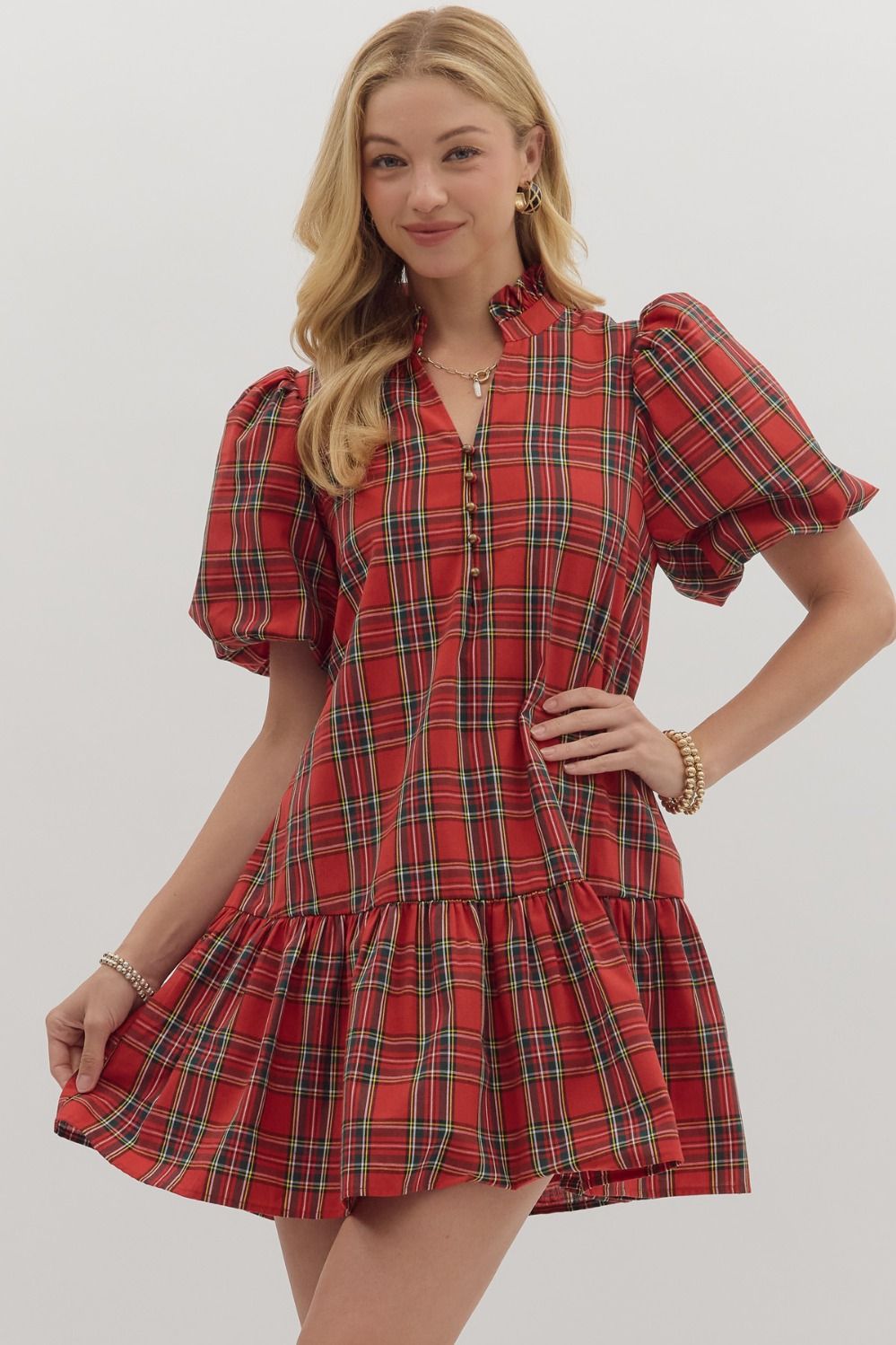 Red Plaid Bubble Sleeve Dress