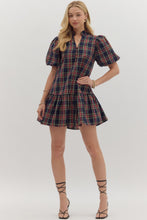 Load image into Gallery viewer, Navy Plaid Bubble Sleeve Dress
