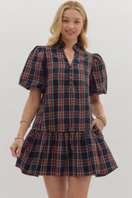 Load image into Gallery viewer, Navy Plaid Bubble Sleeve Dress

