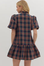 Load image into Gallery viewer, Navy Plaid Bubble Sleeve Dress
