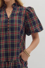Load image into Gallery viewer, Navy Plaid Bubble Sleeve Dress
