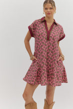Load image into Gallery viewer, Wine Abstract Pattern Ruffle Hem Mini Dress
