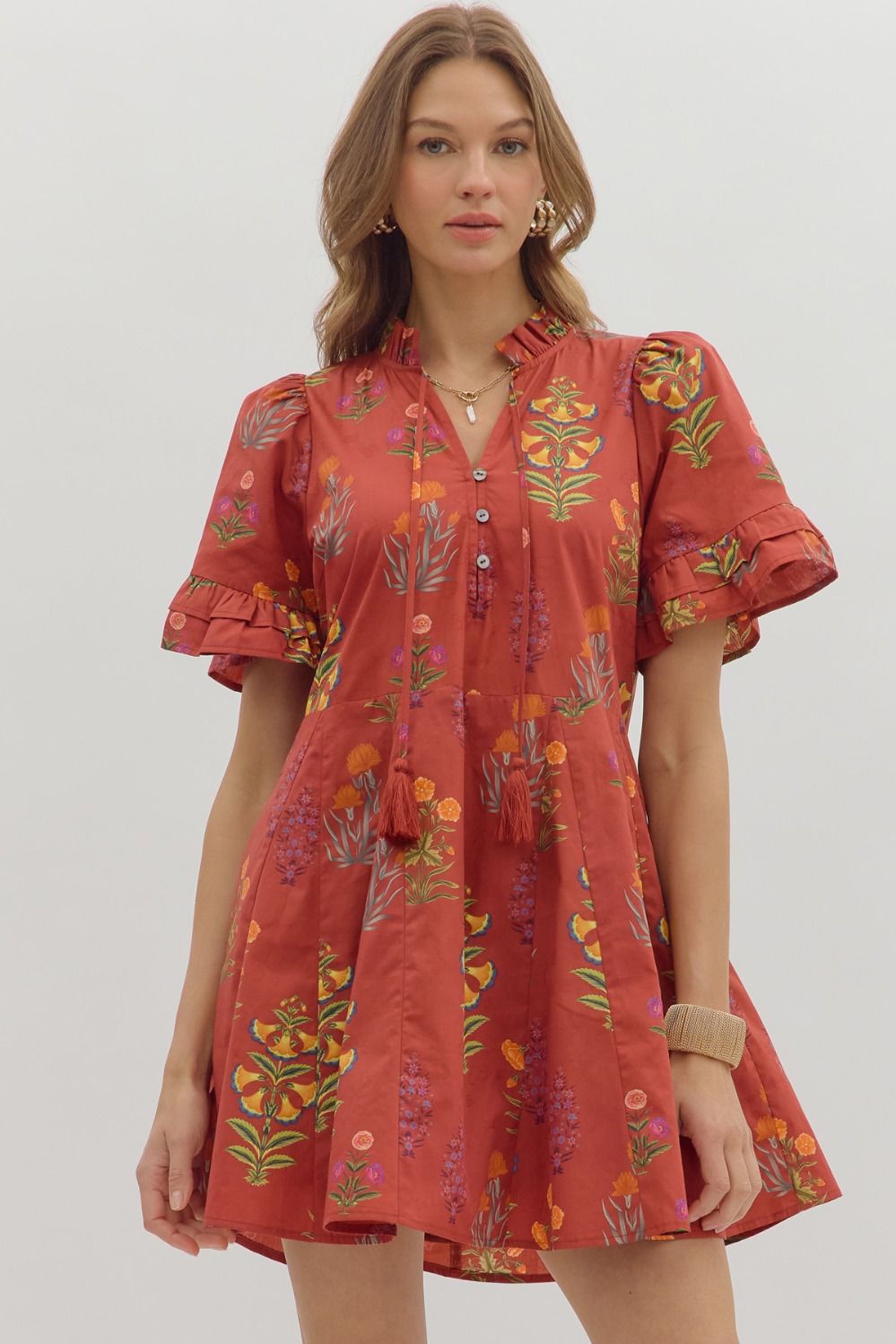 Brick Floral Print Ruffle Edge Dress