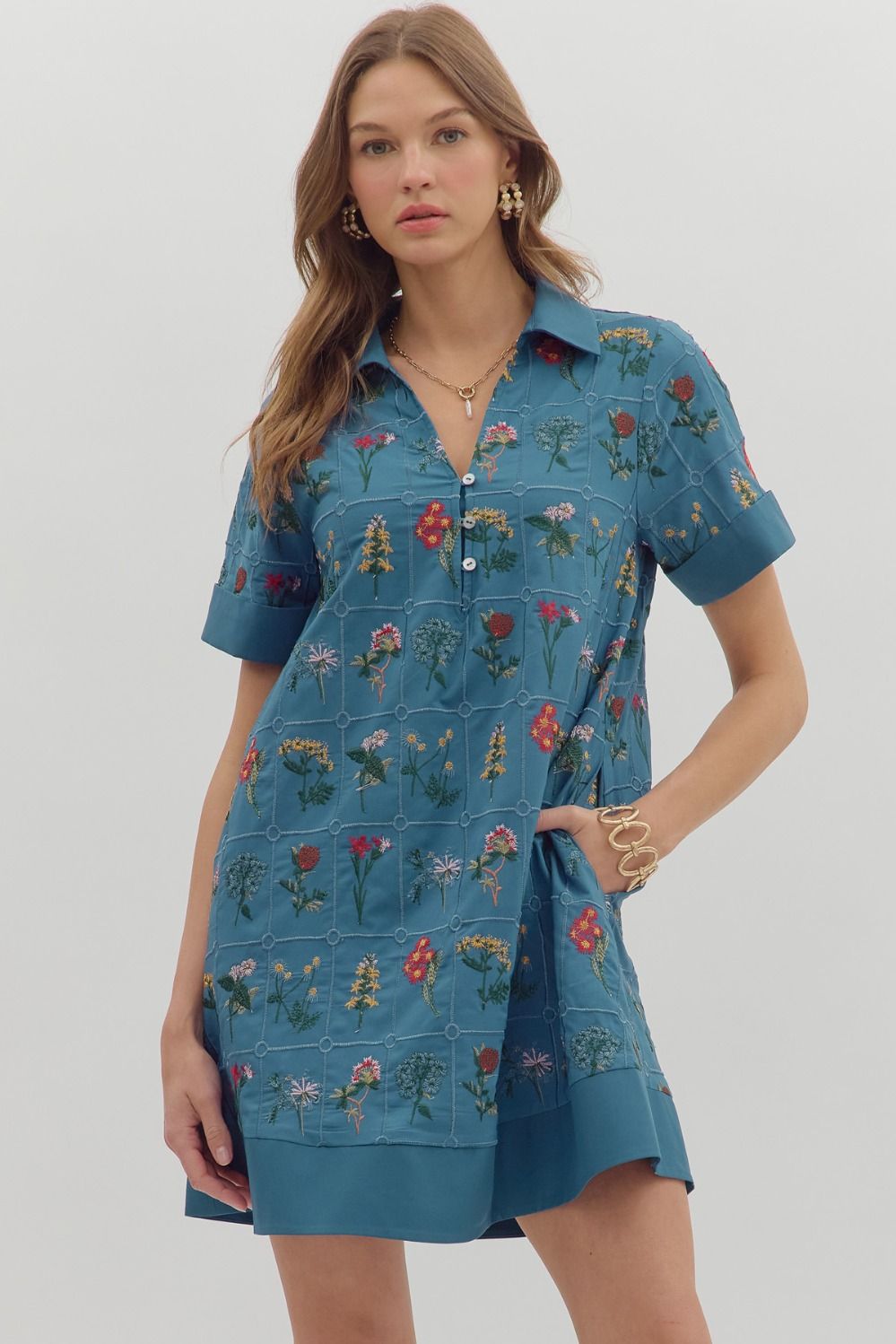 Blue Floral Embroidered Short Dress