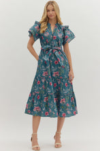 Load image into Gallery viewer, Teal Floral Print Flutter Sleeve Dress
