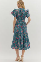 Load image into Gallery viewer, Teal Floral Print Flutter Sleeve Dress

