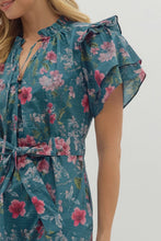 Load image into Gallery viewer, Teal Floral Print Flutter Sleeve Dress
