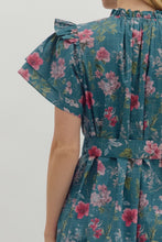Load image into Gallery viewer, Teal Floral Print Flutter Sleeve Dress
